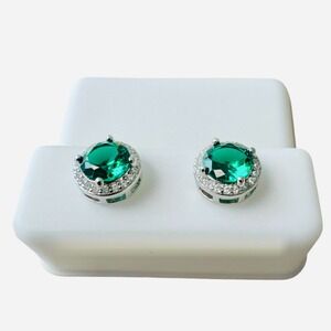 Sterling Silver 6mm Green Nano Emerald Stud Earrings Classic Sparkle VVSD New